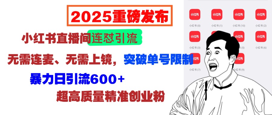 2025重磅发布：小红书直播间连怼引流，无需连麦、无需上镜，突破单号限制，暴力日引流600+超高质量精准创业粉-易学副业