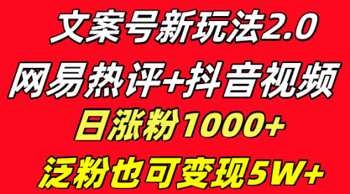 【副业项目8628期】文案号新玩法 网易热评+抖音文案 一天涨粉1000+-易学副业