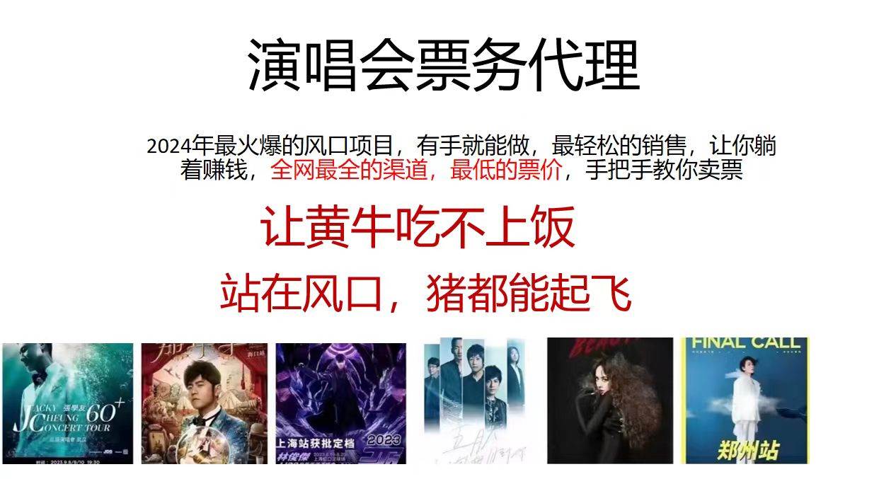 演唱会票务代理，2024年最火爆风口项目，全网最低的票价，小白一分钟上…-易学副业