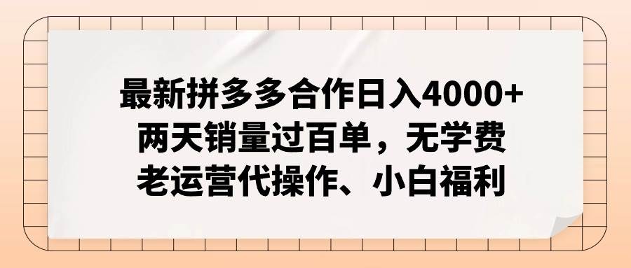 最新拼多多合作日入4000+两天销量过百单，无学费、老运营代操作、小白福利-易学副业