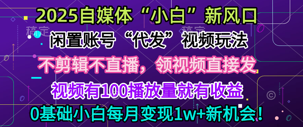 2025每月躺赚5w+新机会，闲置视频账号一键代发玩法，0粉不实名不剪辑，领了视频直接发，0基础小白也能日入300+-易学副业