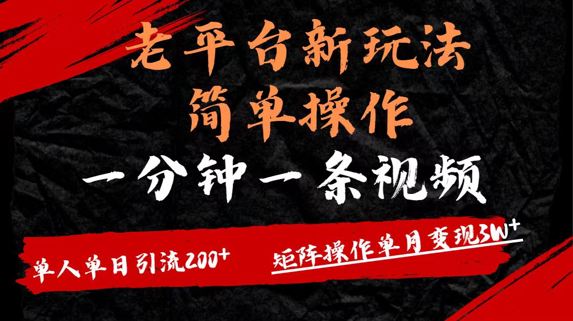 老平台，新玩法，简单操作，一分钟一条视频，单人单人引流200+矩阵操作，单月变现3W-易学副业