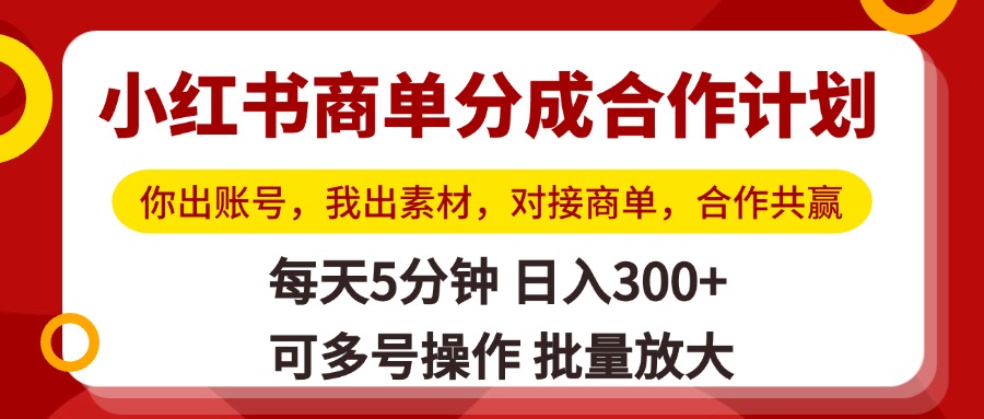 小红书商单分成合作计划，你出账号，我出素材，对接商单，合作共赢，单号日入300+，可批量放大-易学副业