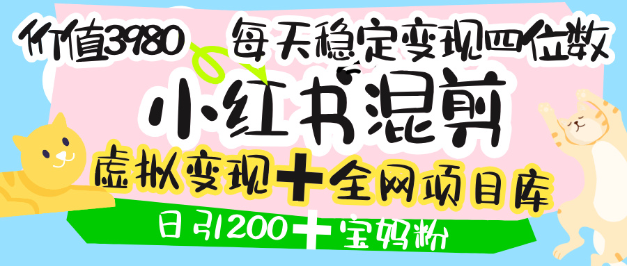 价值3980的小红书混剪， 虚拟变现 ＋全网项目库 ， 日引200+宝妈创业粉，每天稳定四位数变现-易学副业