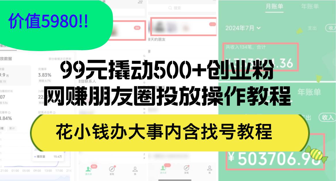 99元撬动500+创业粉，网赚朋友圈投放操作教程价值5980！花小钱办大事内…-易学副业